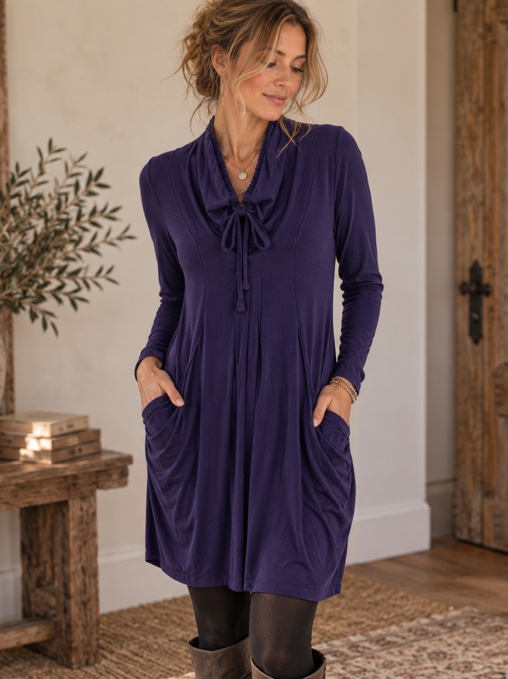 Purple Bamboo Cowl Neck Pocket Dress Tunic